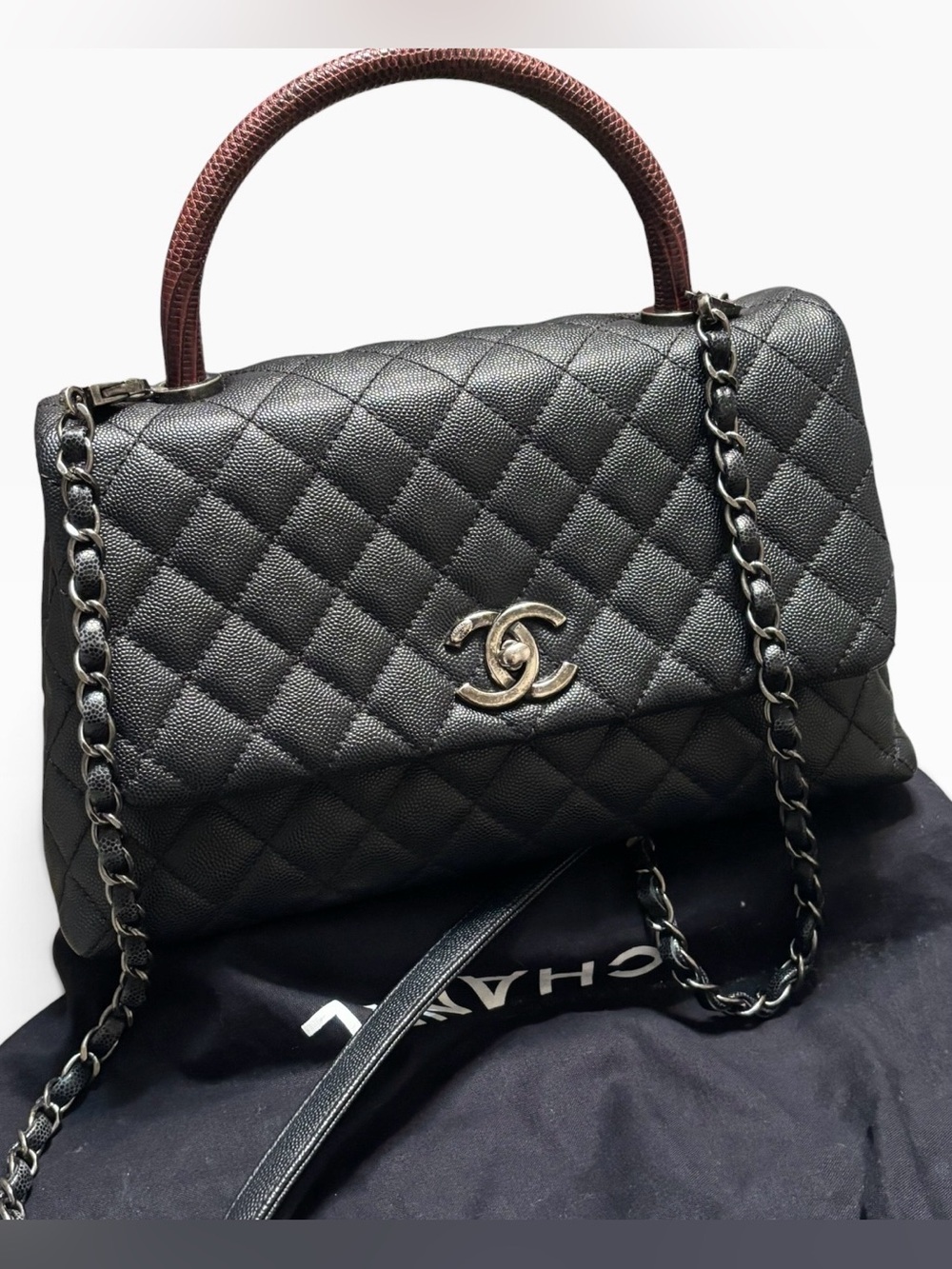CHANEL Caviar Coco Lizard Embossed Top Handle